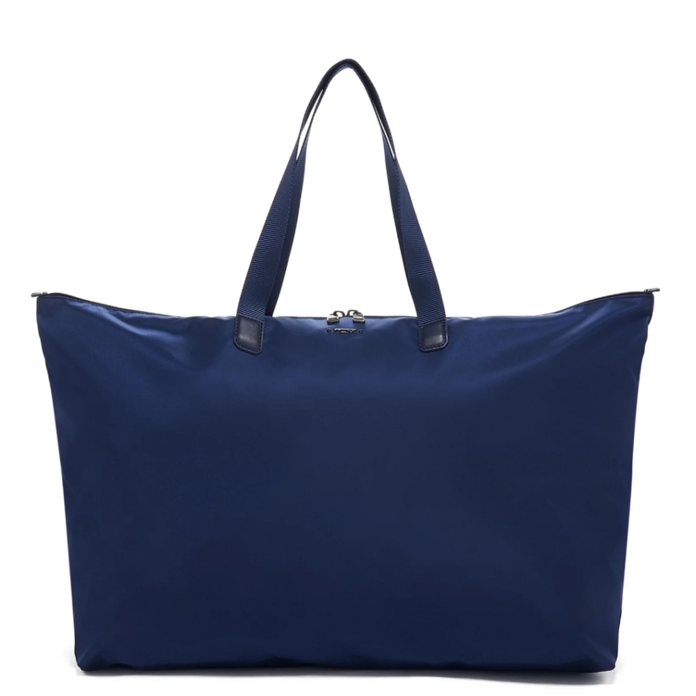 Tumi Voyeur "Just in case" tote foldable packable navy blue nylon bag travel